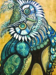 Original decorative painting of an owl in blues and yellows.