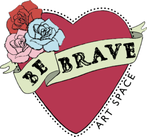 Heart logo with Be Brave emblazoned across with blue, pink and red roses.