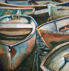 Original painting of a crowd of row boats.