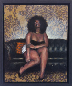 Painting of a woman seated on a black lounge with wall paper.