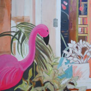 Garden Study with Pink Flamingo by Jackie Fewtrell Gobertby